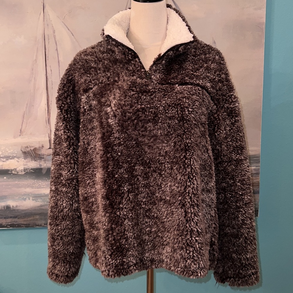 Peach Love Fuzzy Brown Quarter Zip Pullover, Small